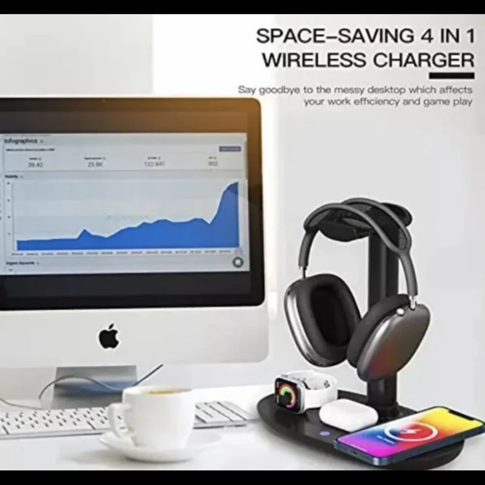 Headphone Stand with 15w Wireless Charger Suguder 4 in 1 Qi Charging Station ...